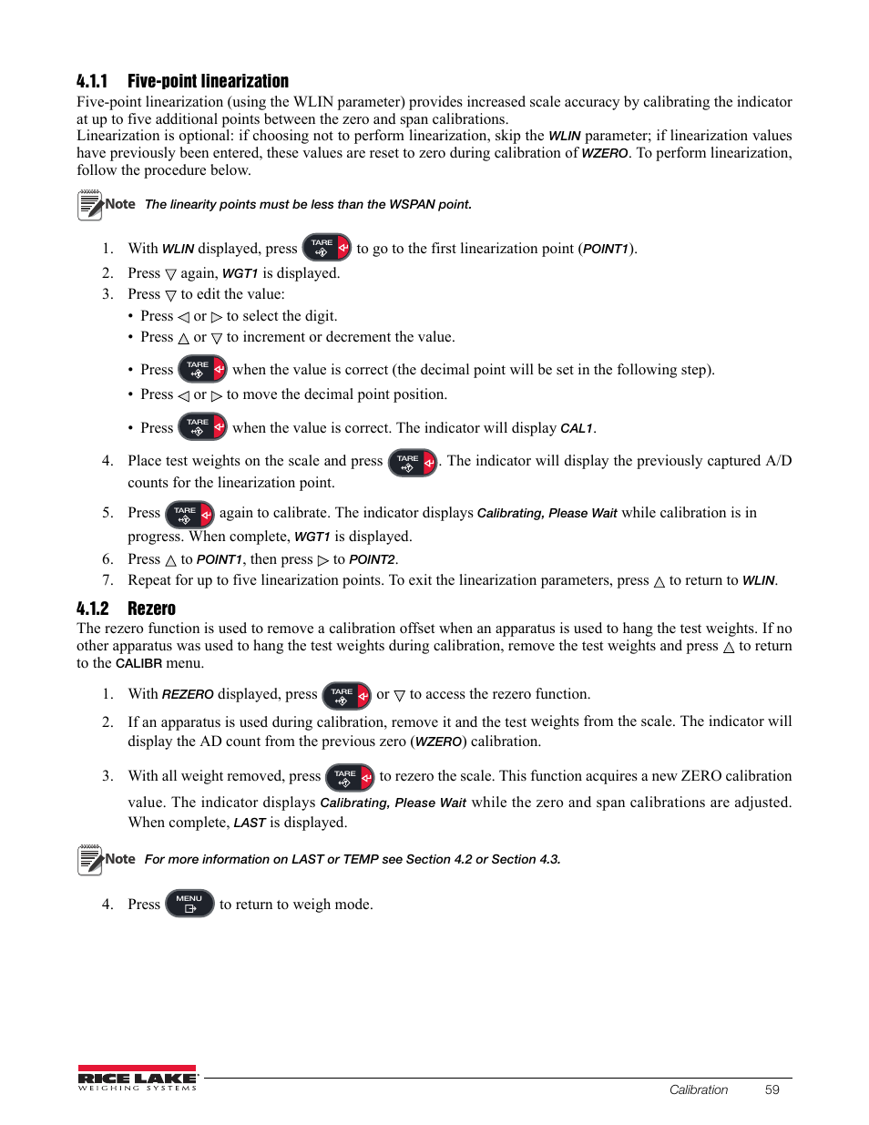 1 five-point linearization, 2 rezero, Five-point linearization | Rezero | Rice Lake 880 Performance Series Indicator/Controller Technical/Service Manual User Manual | Page 65 / 120