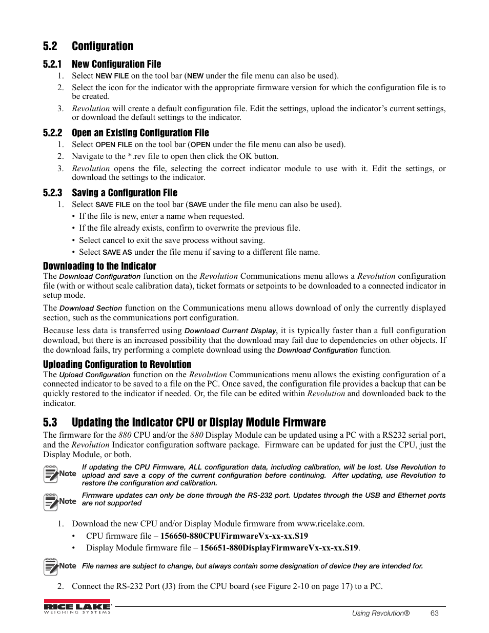 2 configuration, 1 new configuration file, 2 open an existing configuration file | 3 saving a configuration file, New configuration file, Open an existing configuration file, Saving a configuration file | Rice Lake 880 Performance Series Indicator/Controller Technical/Service Manual User Manual | Page 69 / 120