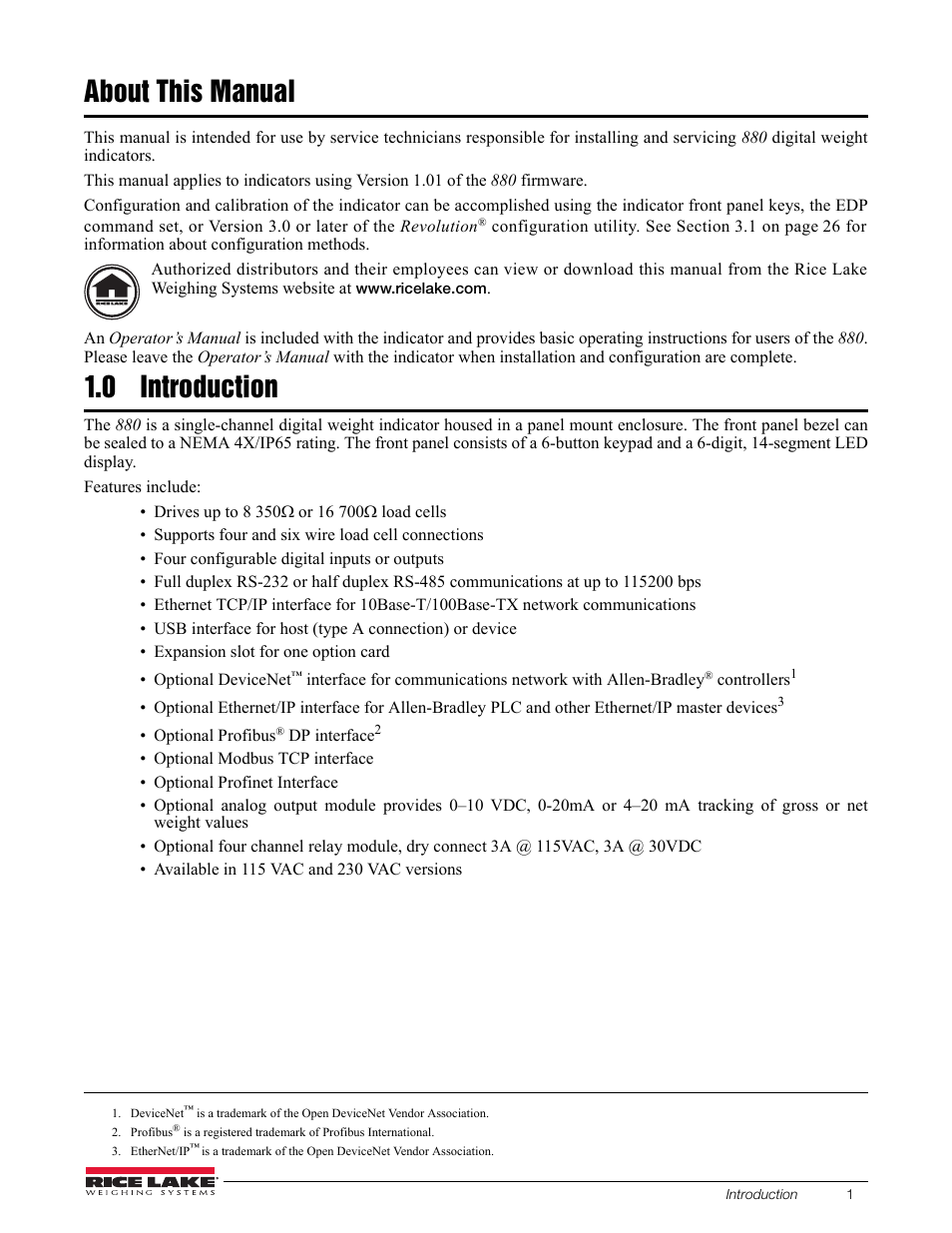 About this manual, 0 introduction, About this manual 1.0 | Introduction | Rice Lake 880 Performance Series Indicator/Controller Technical/Service Manual User Manual | Page 7 / 120