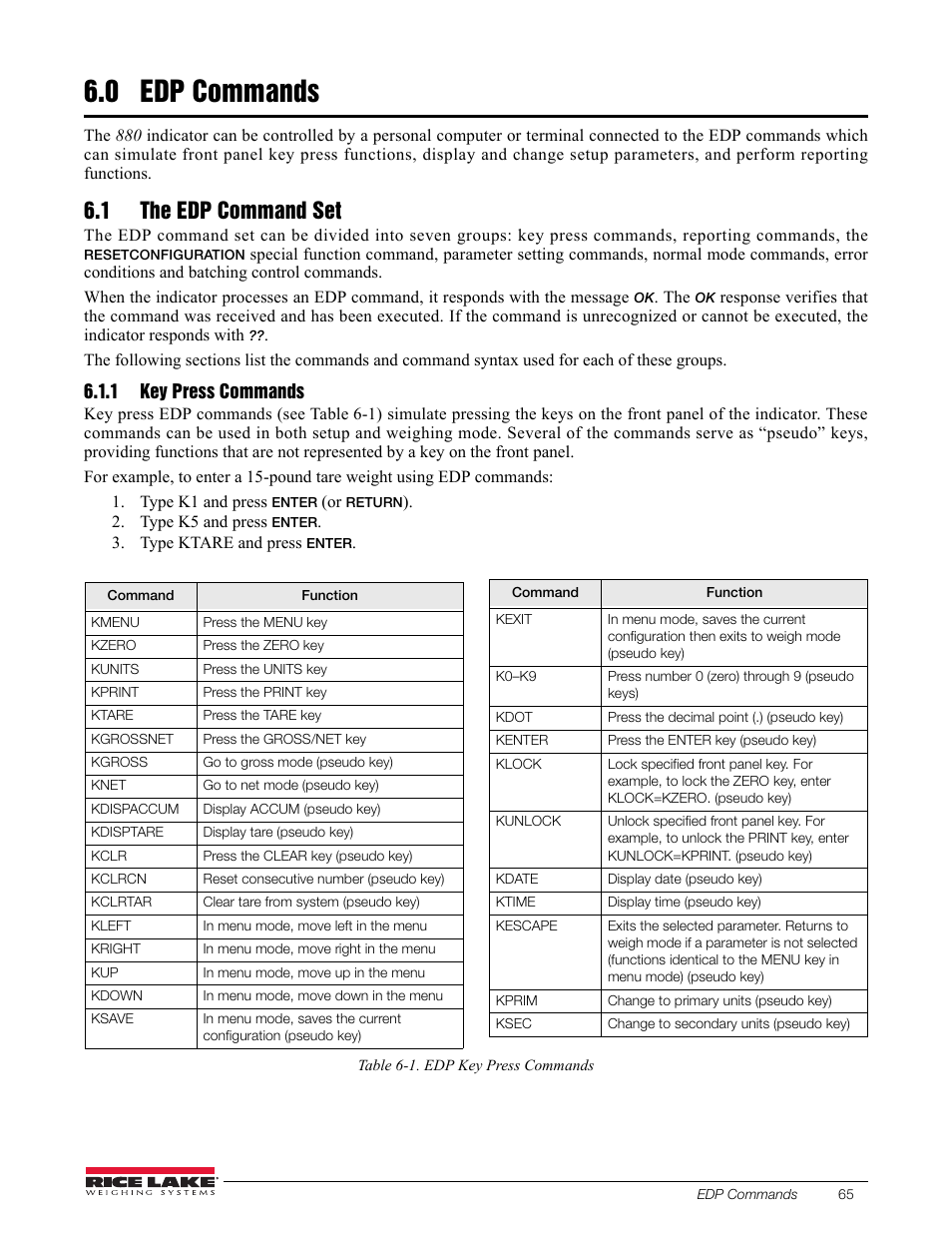 0 edp commands, 1 the edp command set, 1 key press commands | Edp commands, Key press commands, Section 6.0, Section 6.0 f | Rice Lake 880 Performance Series Indicator/Controller Technical/Service Manual User Manual | Page 71 / 120