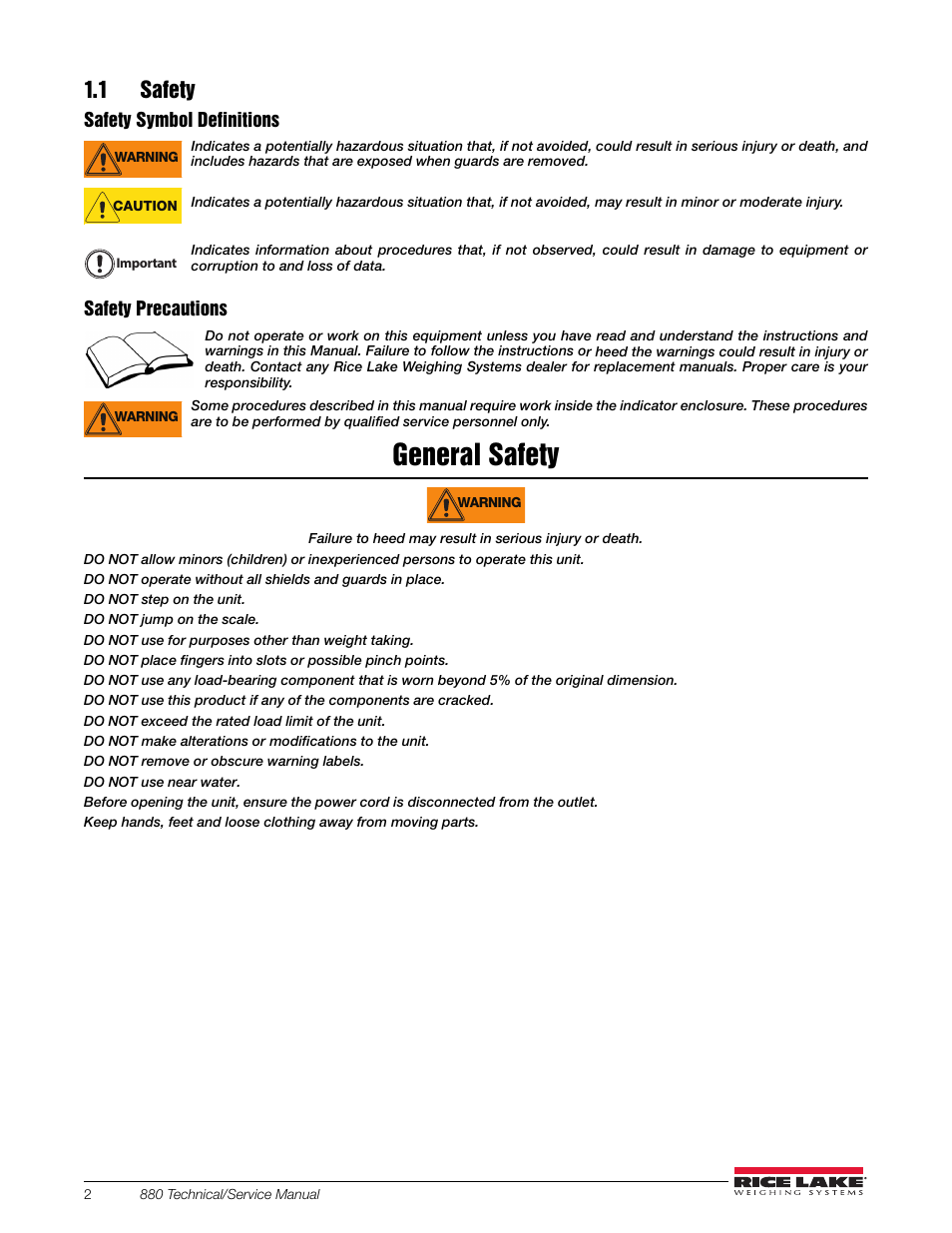 1 safety, General safety | Rice Lake 880 Performance Series Indicator/Controller Technical/Service Manual User Manual | Page 8 / 120
