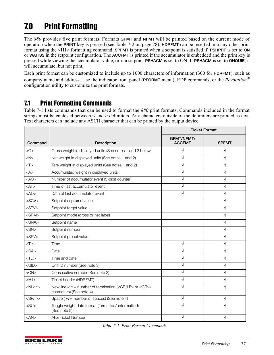 0 print formatting, 1 print formatting commands, Print formatting | See section 7.0 | Rice Lake 880 Performance Series Indicator/Controller Technical/Service Manual User Manual | Page 83 / 120