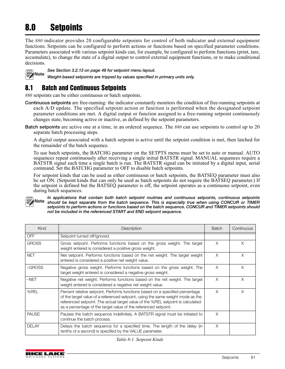 0 setpoints, 1 batch and continuous setpoints, Setpoints | Rice Lake 880 Performance Series Indicator/Controller Technical/Service Manual User Manual | Page 87 / 120