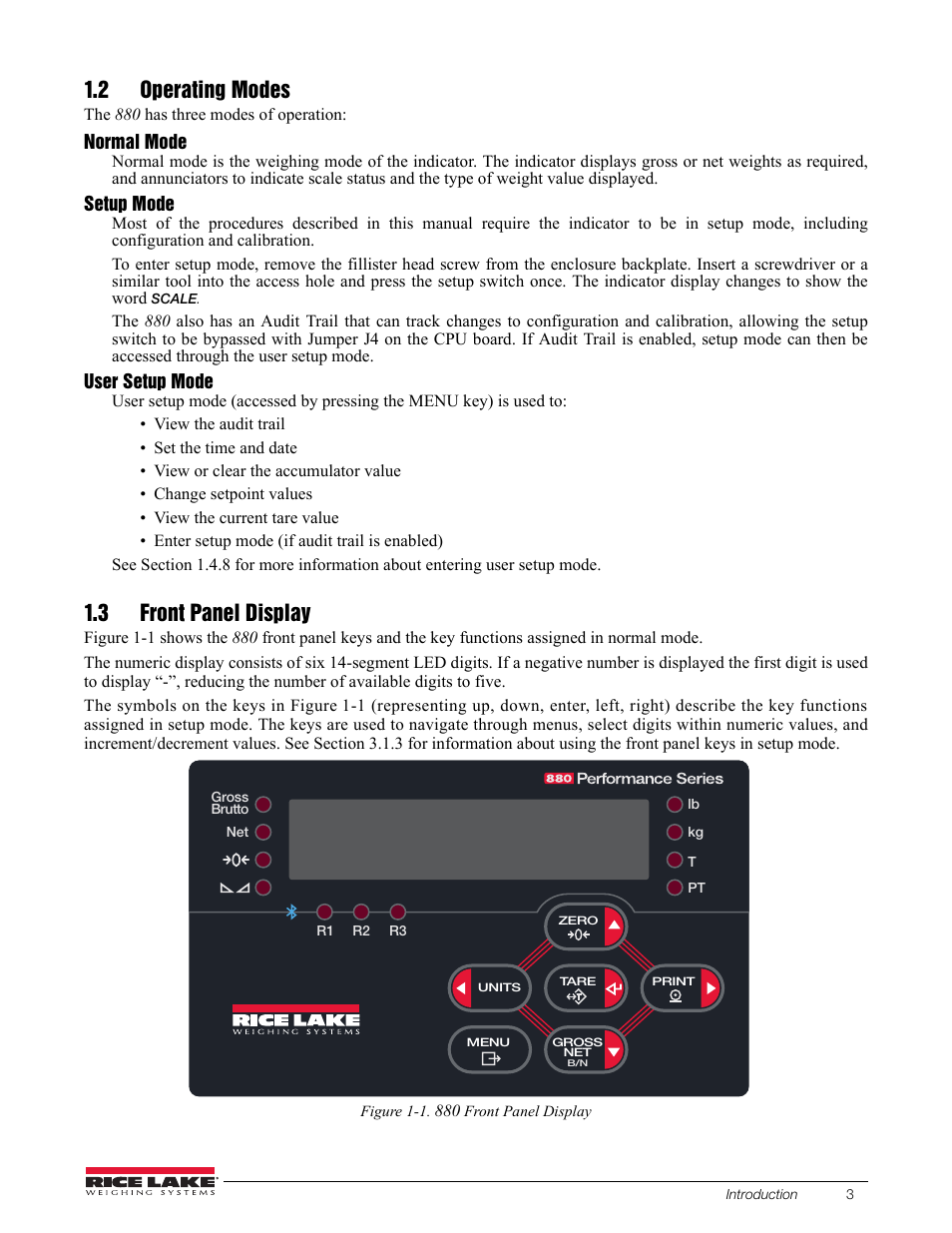 2 operating modes, 3 front panel display, 2 operating modes 1.3 front panel display | Rice Lake 880 Performance Series Indicator/Controller Technical/Service Manual User Manual | Page 9 / 120