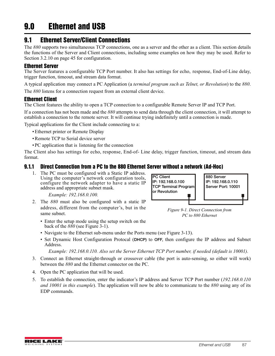 0 ethernet and usb, 1 ethernet server/client connections, Ethernet and usb | Rice Lake 880 Performance Series Indicator/Controller Technical/Service Manual User Manual | Page 93 / 120