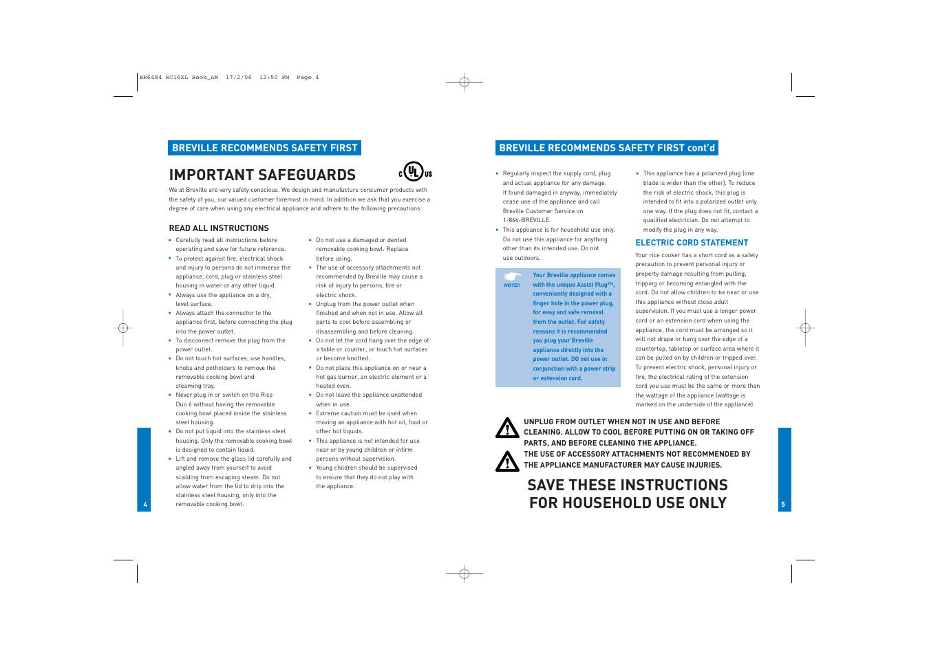 Important safeguards, Save these instructions for household use only, Breville recommends safety first cont’d | Breville recommends safety first | Breville RC16XL User Manual | Page 3 / 26