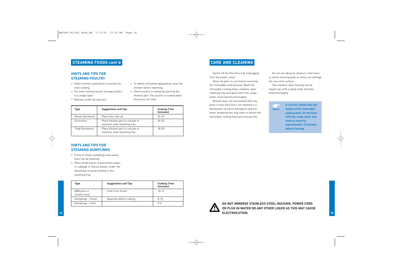 Steaming foods cont’d, Care and cleaning | Breville RC16XL User Manual | Page 8 / 26