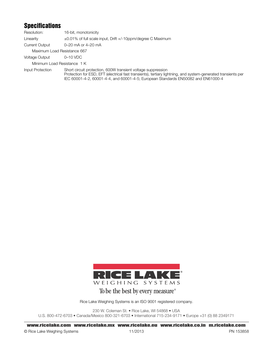 Specifications | Rice Lake 880 Performance Series Panel Mount Indicator/Controller - Analog Output Card Option Installation Manual User Manual | Page 6 / 6