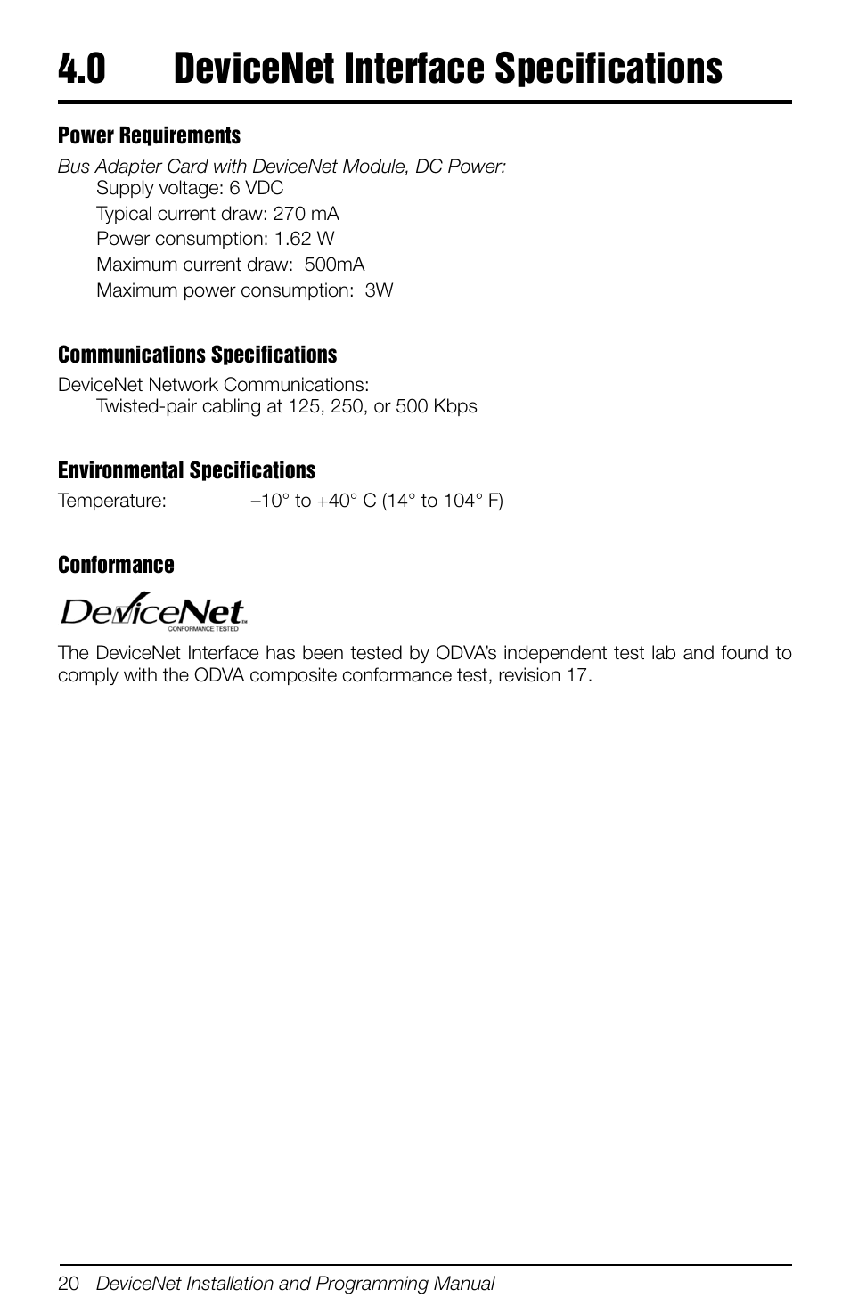 0 devicenet interface specifications, Devicenet interface specifications | Rice Lake 880 Performance Series Panel Mount Indicator/Controller - DeviceNet Interface Option Installation and Programming Manual User Manual | Page 24 / 28