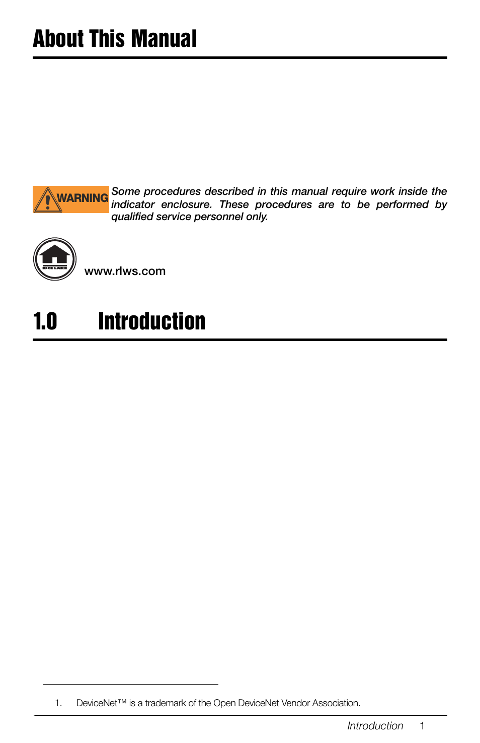 About this manual, 0 introduction, About this manual 1.0 | Introduction | Rice Lake 880 Performance Series Panel Mount Indicator/Controller - DeviceNet Interface Option Installation and Programming Manual User Manual | Page 5 / 28