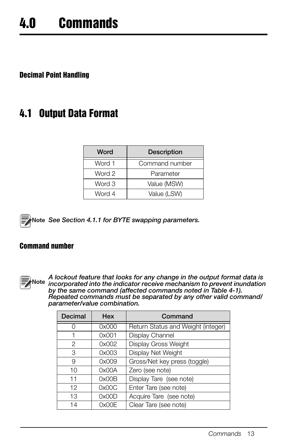 0 commands, 1 output data format, Commands | Rice Lake 880 Performance Series Panel Mount Indicator/Controller - EtherNet/IP Interface Option Installation and Programming Manual User Manual | Page 17 / 32