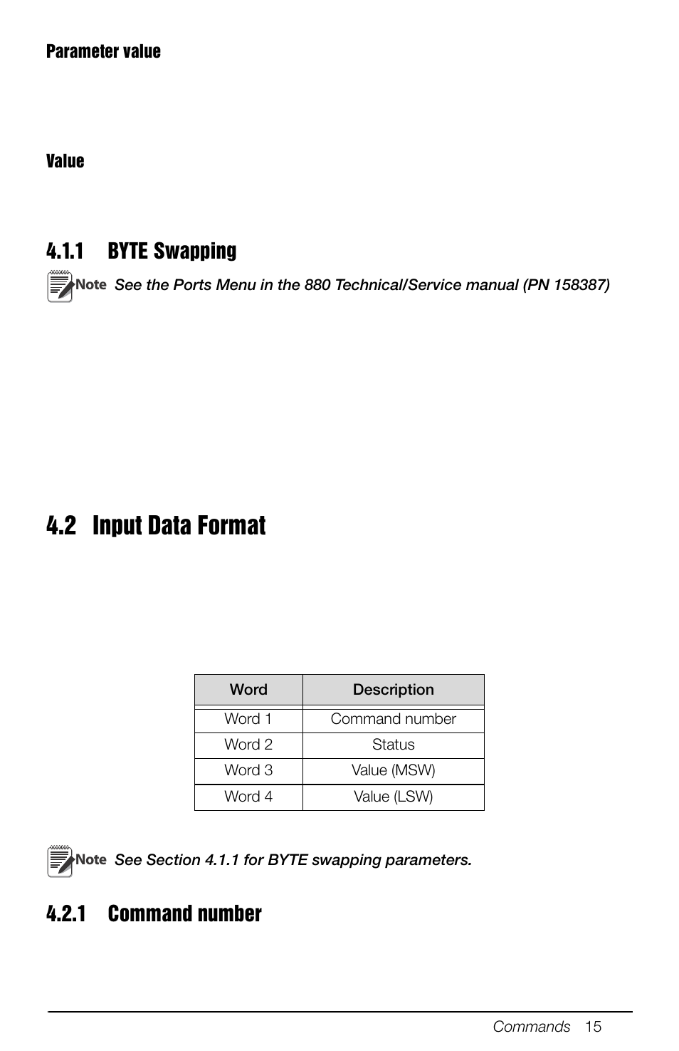 1 byte swapping, 2 input data format, 1 command number | Byte swapping, Command number | Rice Lake 880 Performance Series Panel Mount Indicator/Controller - EtherNet/IP Interface Option Installation and Programming Manual User Manual | Page 19 / 32