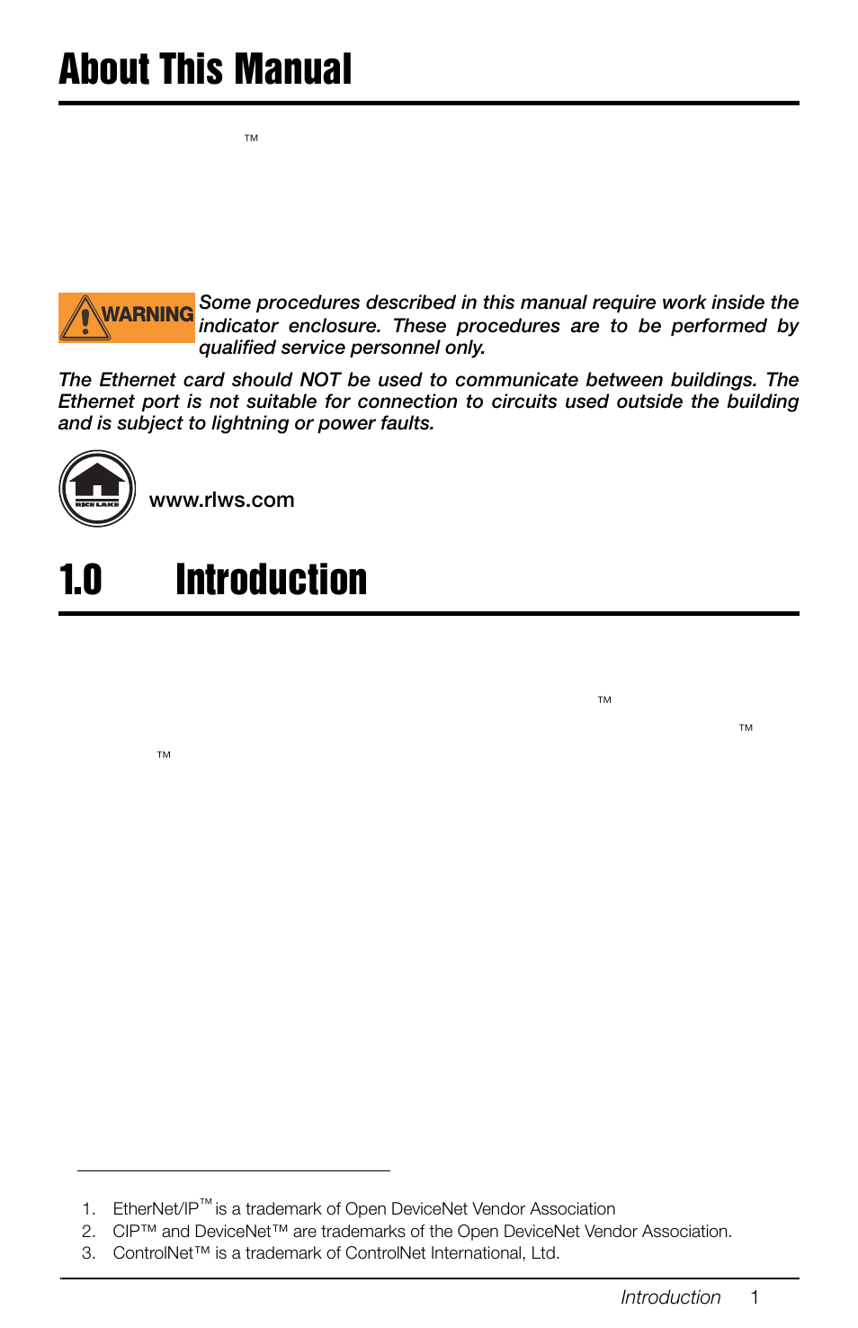 About this manual, 0 introduction, About this manual 1.0 | Introduction | Rice Lake 880 Performance Series Panel Mount Indicator/Controller - EtherNet/IP Interface Option Installation and Programming Manual User Manual | Page 5 / 32