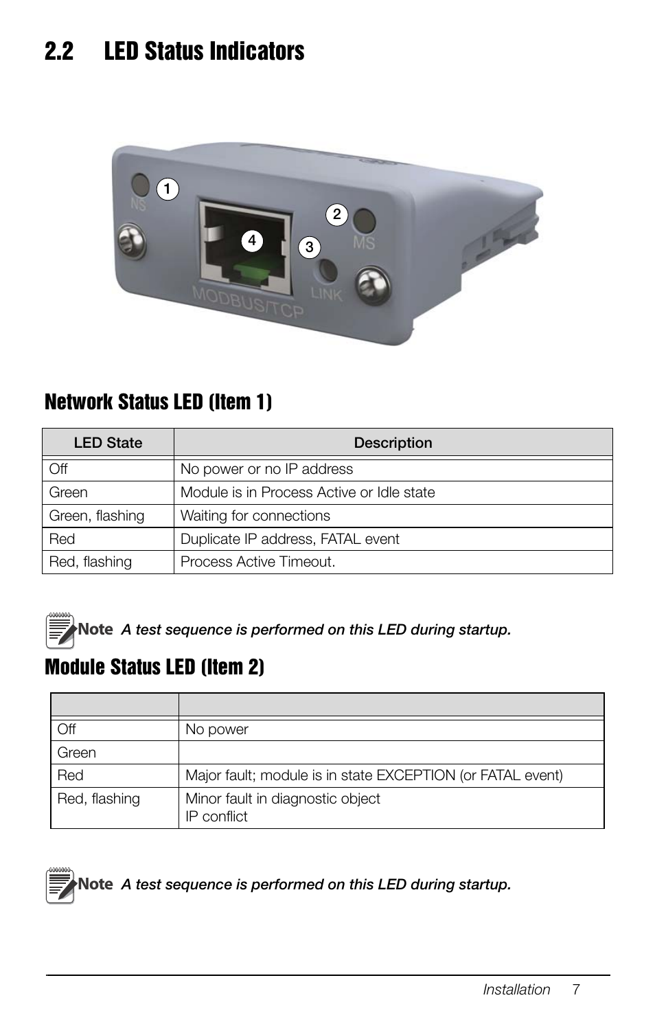 2 led status indicators, Network status led (item 1), Module status led (item 2) | Rice Lake 880 Performance Series Panel Mount Indicator/Controller - Modbus TCP Interface Option Installation and Programming Manual User Manual | Page 11 / 32