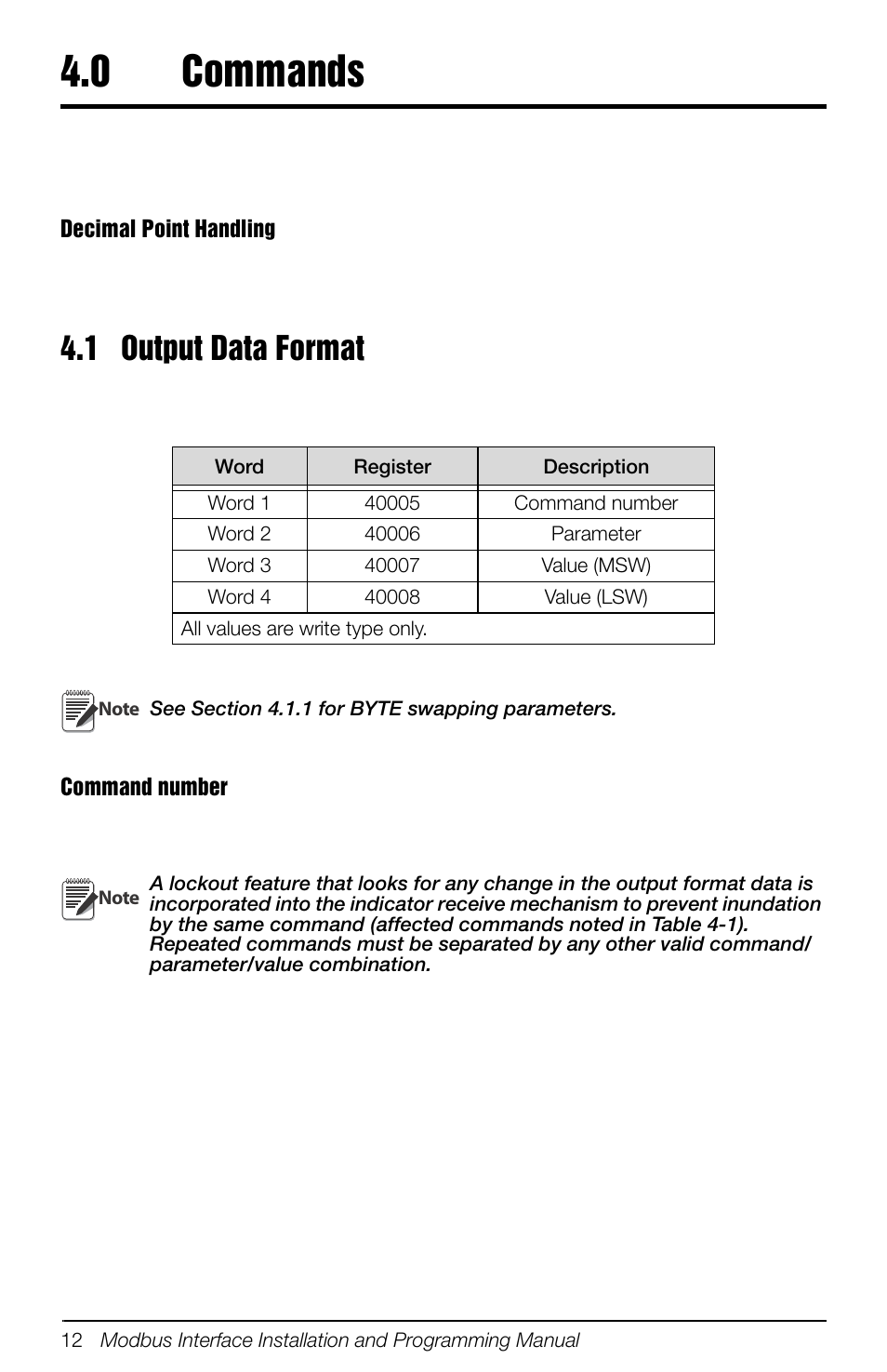 0 commands, 1 output data format, Commands | Rice Lake 880 Performance Series Panel Mount Indicator/Controller - Modbus TCP Interface Option Installation and Programming Manual User Manual | Page 16 / 32