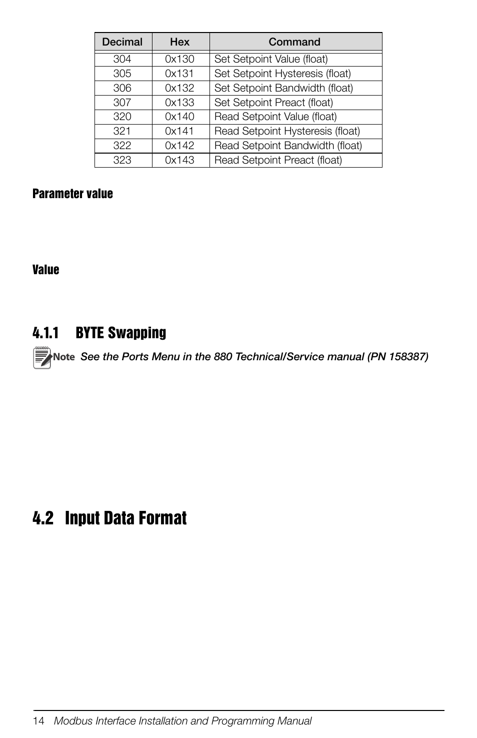 1 byte swapping, 2 input data format, Byte swapping | Rice Lake 880 Performance Series Panel Mount Indicator/Controller - Modbus TCP Interface Option Installation and Programming Manual User Manual | Page 18 / 32