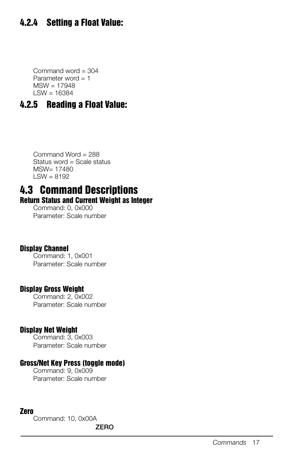 4 setting a float value, 5 reading a float value, 3 command descriptions | Setting a float value, Reading a float value | Rice Lake 880 Performance Series Panel Mount Indicator/Controller - Modbus TCP Interface Option Installation and Programming Manual User Manual | Page 21 / 32