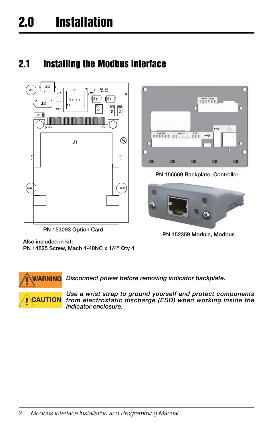 0 installation, 1 installing the modbus interface, Installation | Rice Lake 880 Performance Series Panel Mount Indicator/Controller - Modbus TCP Interface Option Installation and Programming Manual User Manual | Page 6 / 32