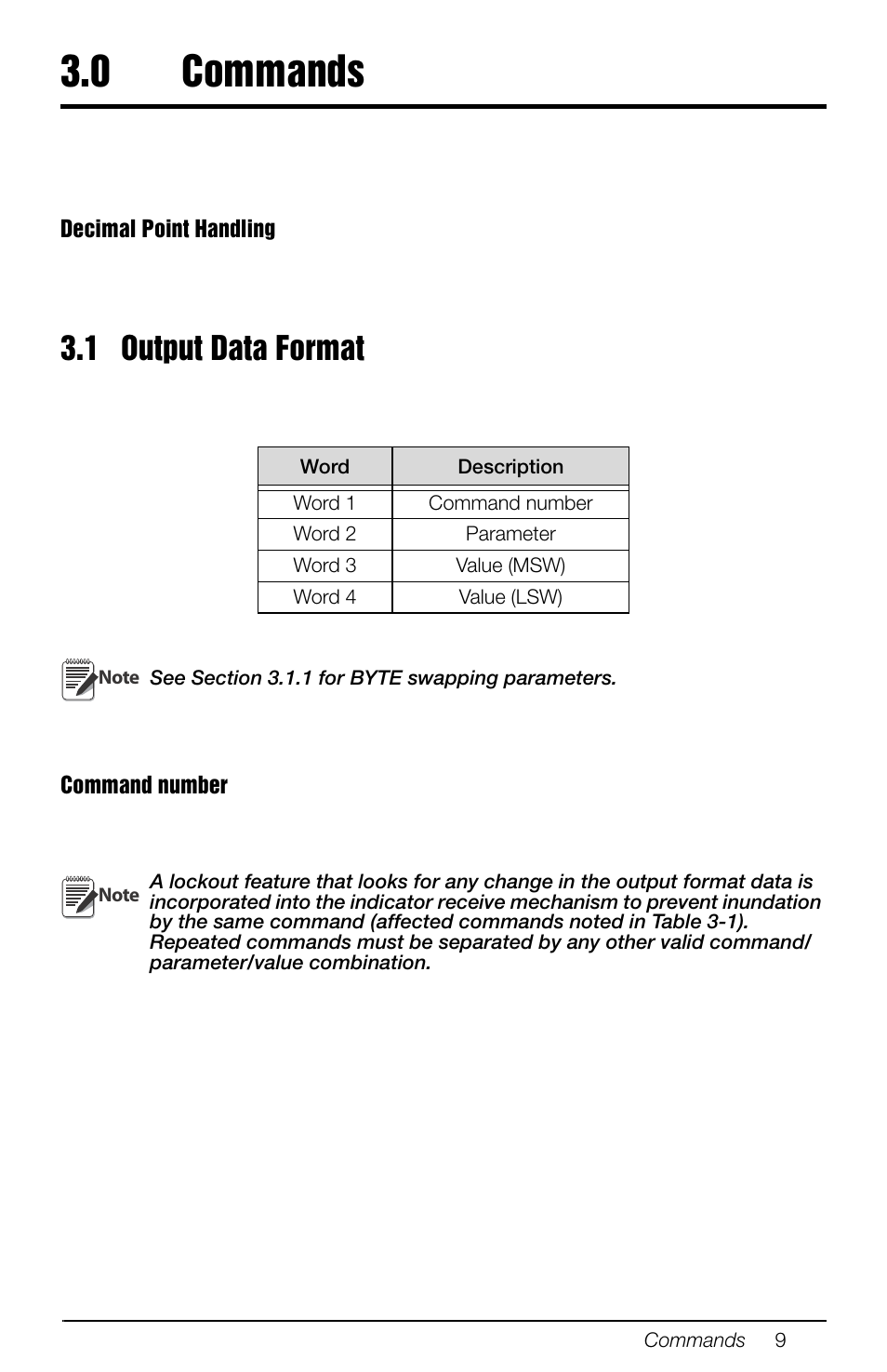 0 commands, 1 output data format, Commands | Rice Lake 880 Performance Series Panel Mount Indicator/Controller - Profibus DP Interface Option Installation and Programming Manual User Manual | Page 13 / 28