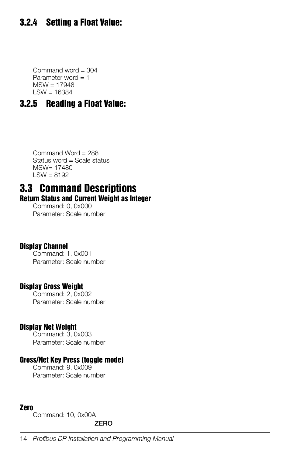 4 setting a float value, 5 reading a float value, 3 command descriptions | Setting a float value, Reading a float value | Rice Lake 880 Performance Series Panel Mount Indicator/Controller - Profibus DP Interface Option Installation and Programming Manual User Manual | Page 18 / 28