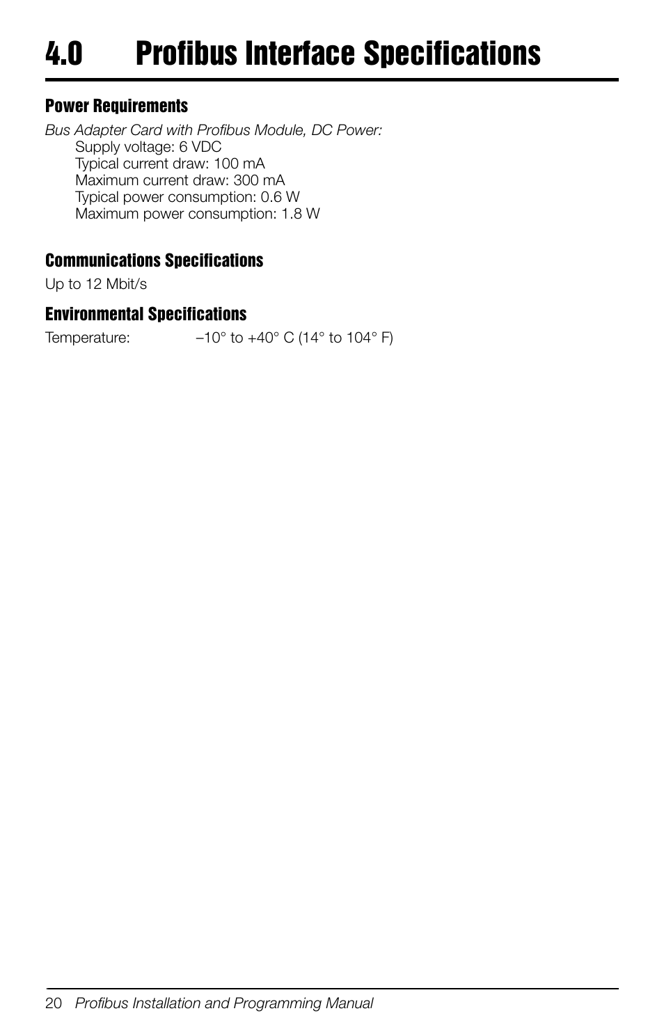 0 profibus interface specifications, Profibus interface specifications | Rice Lake 880 Performance Series Panel Mount Indicator/Controller - Profibus DP Interface Option Installation and Programming Manual User Manual | Page 24 / 28