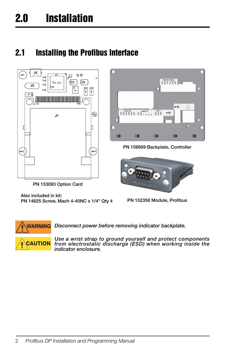 0 installation, 1 installing the profibus interface, Installation | Rice Lake 880 Performance Series Panel Mount Indicator/Controller - Profibus DP Interface Option Installation and Programming Manual User Manual | Page 6 / 28