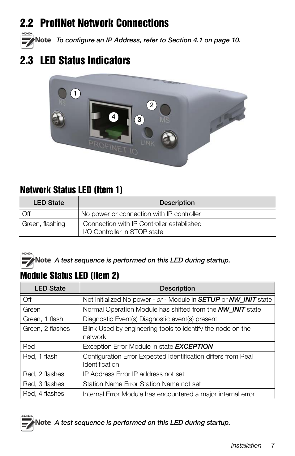 2 profinet network connections, 3 led status indicators, Network status led (item 1) | Module status led (item 2) | Rice Lake 880 Performance Series Panel Mount Indicator/Controller - ProfiNet Interface Option Installation and Programming Manual User Manual | Page 11 / 32