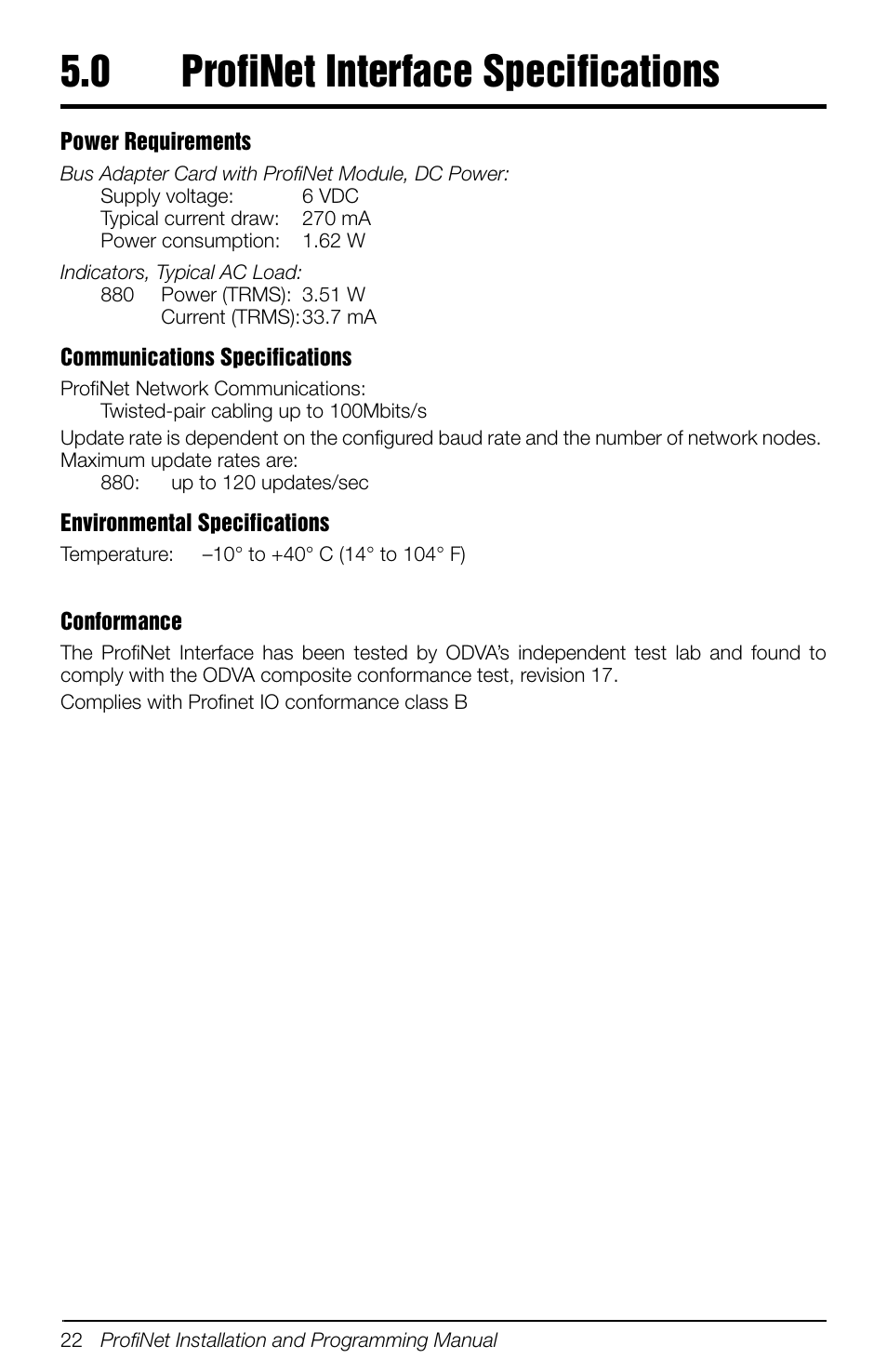 0 profinet interface specifications, Profinet interface specifications | Rice Lake 880 Performance Series Panel Mount Indicator/Controller - ProfiNet Interface Option Installation and Programming Manual User Manual | Page 26 / 32
