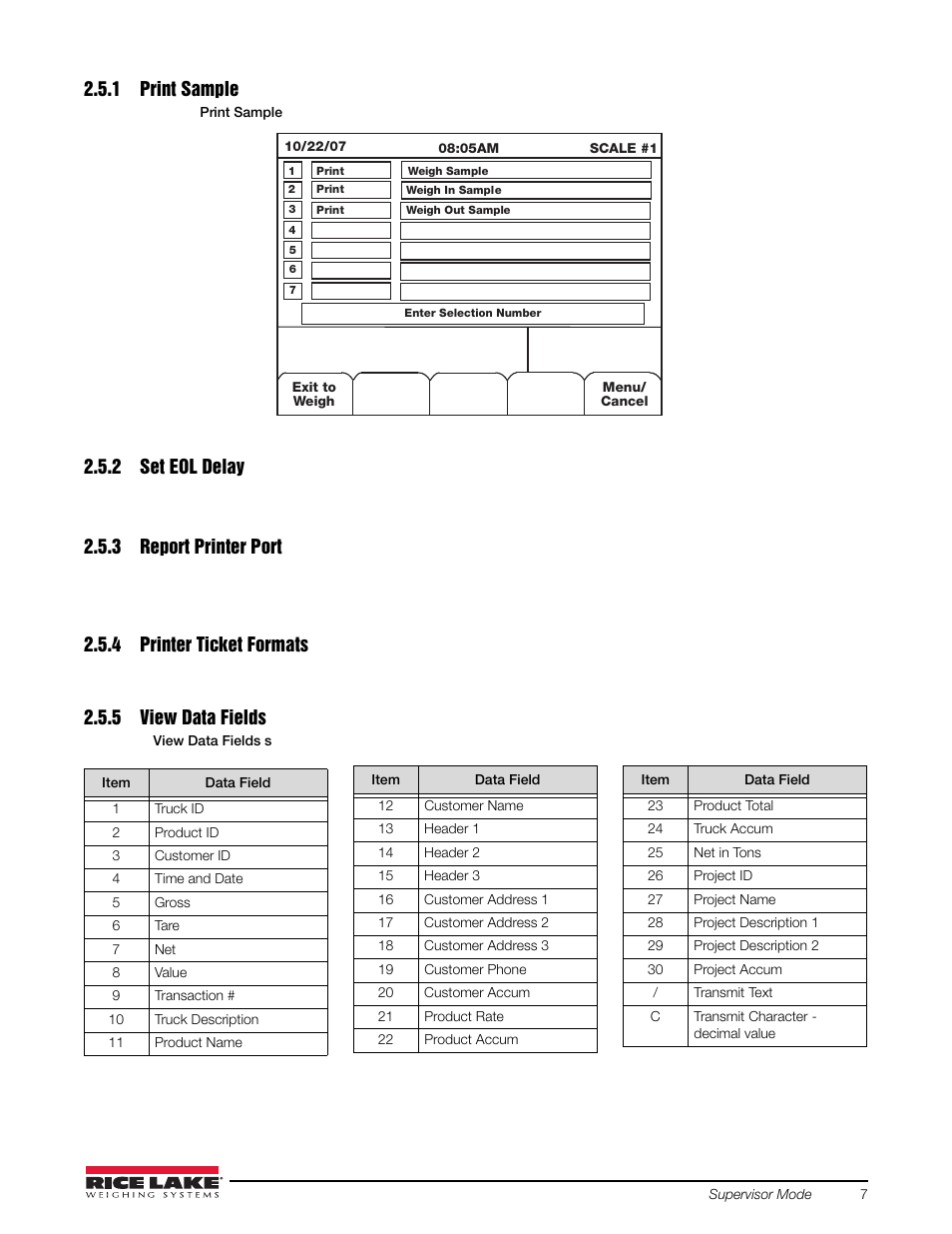 1 print sample, 2 set eol delay, 3 report printer port | 4 printer ticket formats, 5 view data fields, Print sample, Set eol delay, Report printer port, Printer ticket formats, View data fields | Rice Lake 920i Based Truck In/Out System User Manual | Page 11 / 30