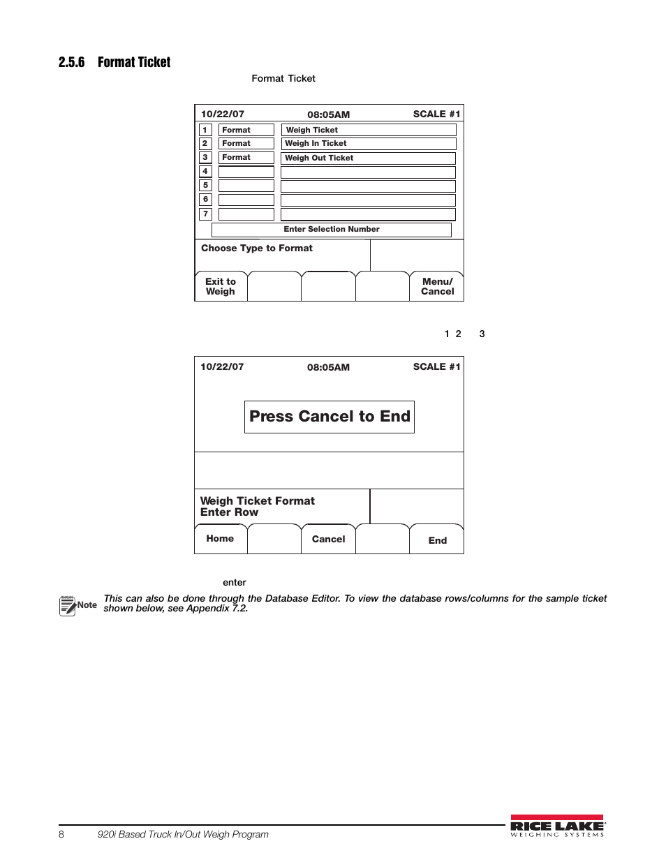 6 format ticket, Format ticket, Press cancel to end | Rice Lake 920i Based Truck In/Out System User Manual | Page 12 / 30