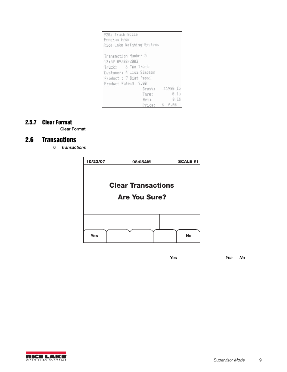 7 clear format, 6 transactions, Clear format | Clear transactions, Are you sure | Rice Lake 920i Based Truck In/Out System User Manual | Page 13 / 30