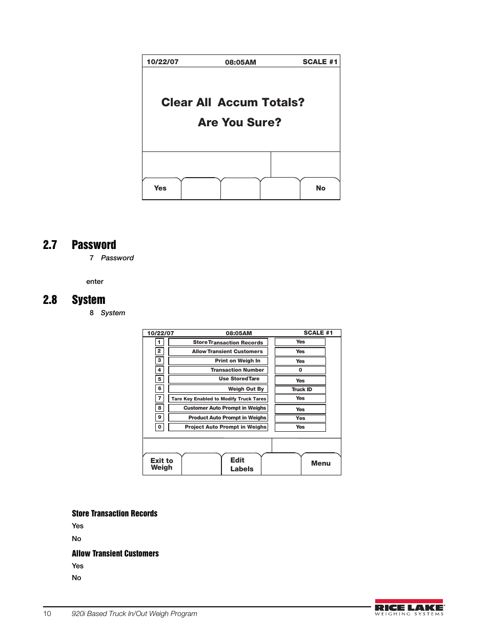7 password, 8 system, 7 password 2.8 system | Clear all accum totals, Are you sure, Select, Nothing is updated | Rice Lake 920i Based Truck In/Out System User Manual | Page 14 / 30