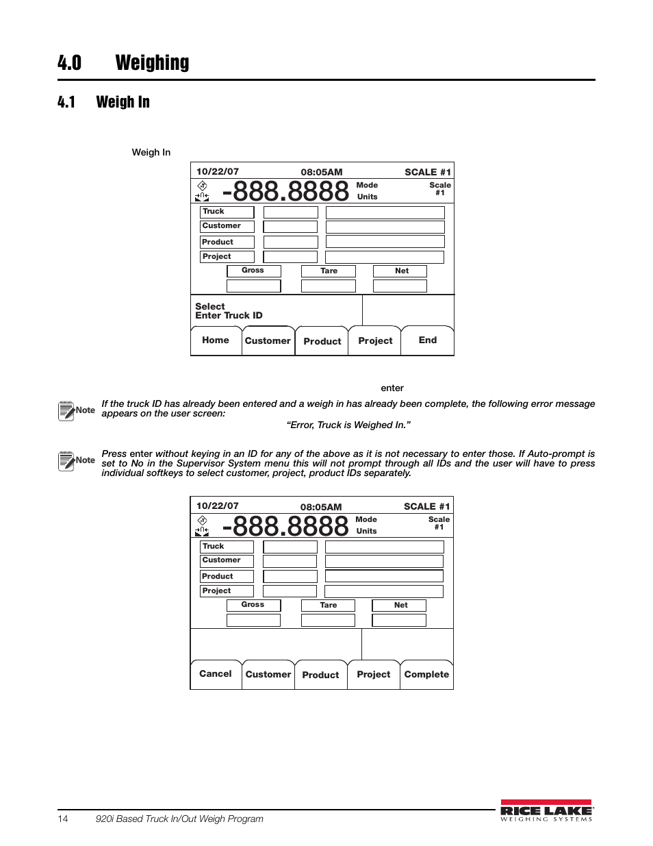 0 weighing, 1 weigh in, Weighing | Rice Lake 920i Based Truck In/Out System User Manual | Page 18 / 30