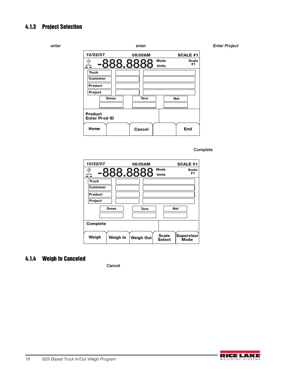 3 project selection, 4 weigh in canceled, Project selection | Weigh in canceled | Rice Lake 920i Based Truck In/Out System User Manual | Page 20 / 30
