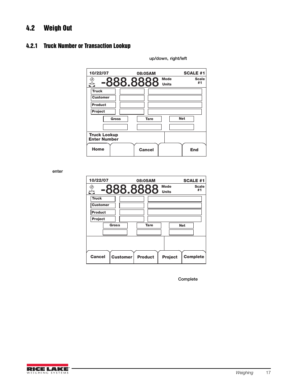 2 weigh out, 1 truck number or transaction lookup, Truck number or transaction lookup | Rice Lake 920i Based Truck In/Out System User Manual | Page 21 / 30