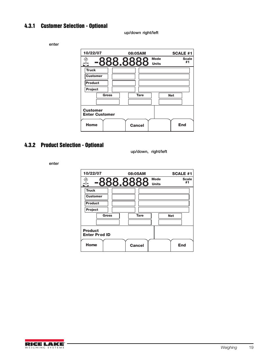 1 customer selection - optional, 2 product selection - optional, Customer selection - optional | Product selection - optional | Rice Lake 920i Based Truck In/Out System User Manual | Page 23 / 30