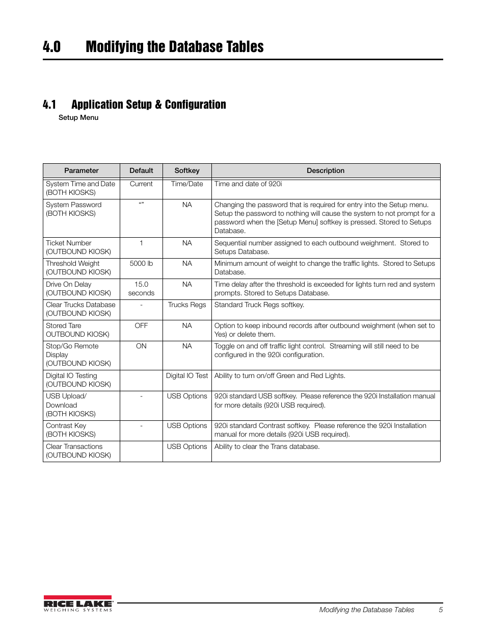 0 modifying the database tables, 1 application setup & configuration | Rice Lake 920i Dual Kiosk Truck In/Out User Manual | Page 9 / 16