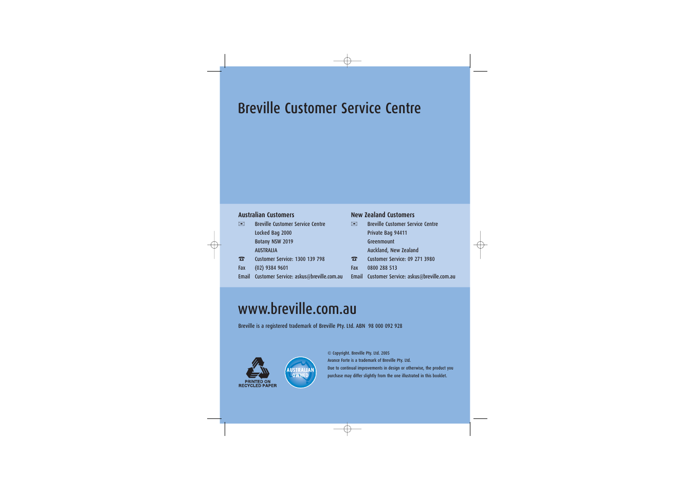 Breville customer service centre | Breville BDF300 User Manual | Page 8 / 16