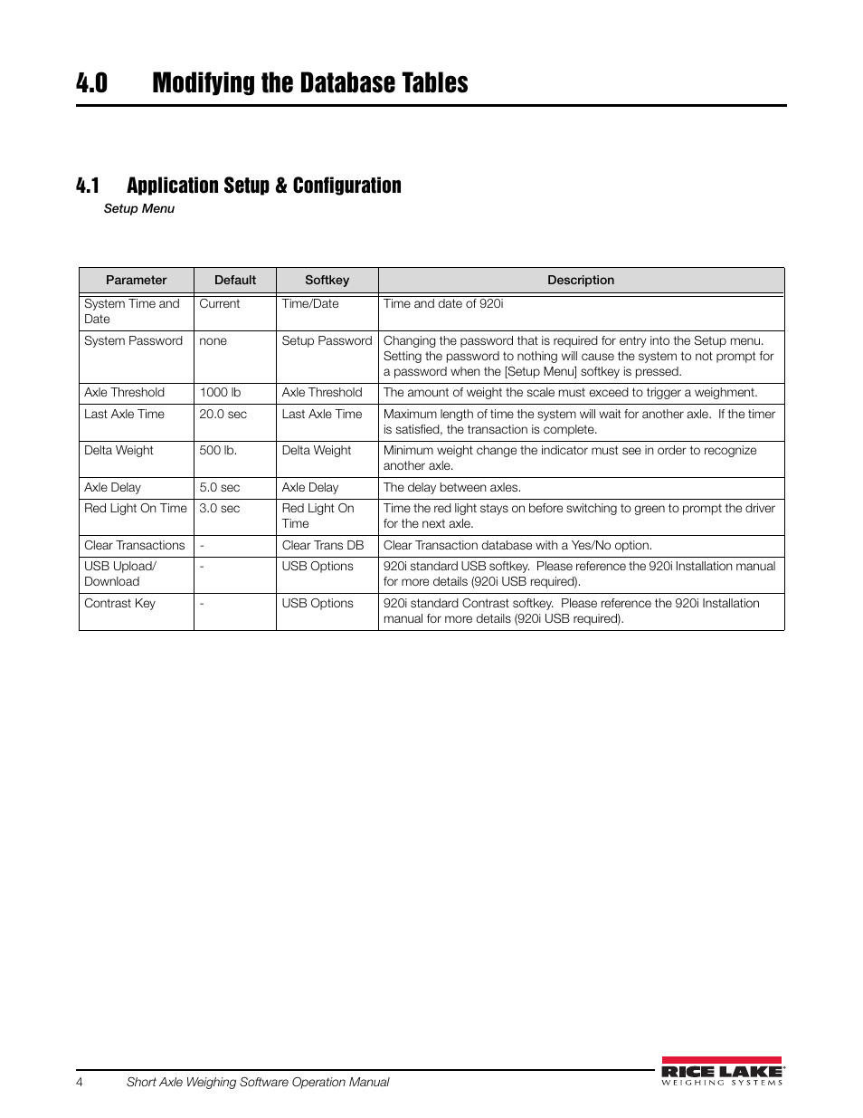 0 modifying the database tables, 1 application setup & configuration | Rice Lake 920i Short Axle Weighing User Manual | Page 8 / 14