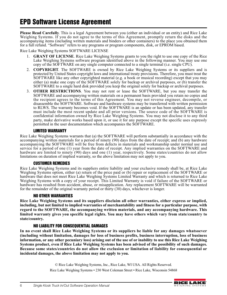 Epd software license agreement | Rice Lake 920i Single Kiosk Truck In/Out User Manual | Page 10 / 12