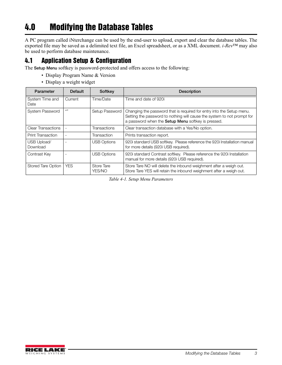 0 modifying the database tables, 1 application setup & configuration | Rice Lake 920i Single Kiosk Truck In/Out User Manual | Page 7 / 12