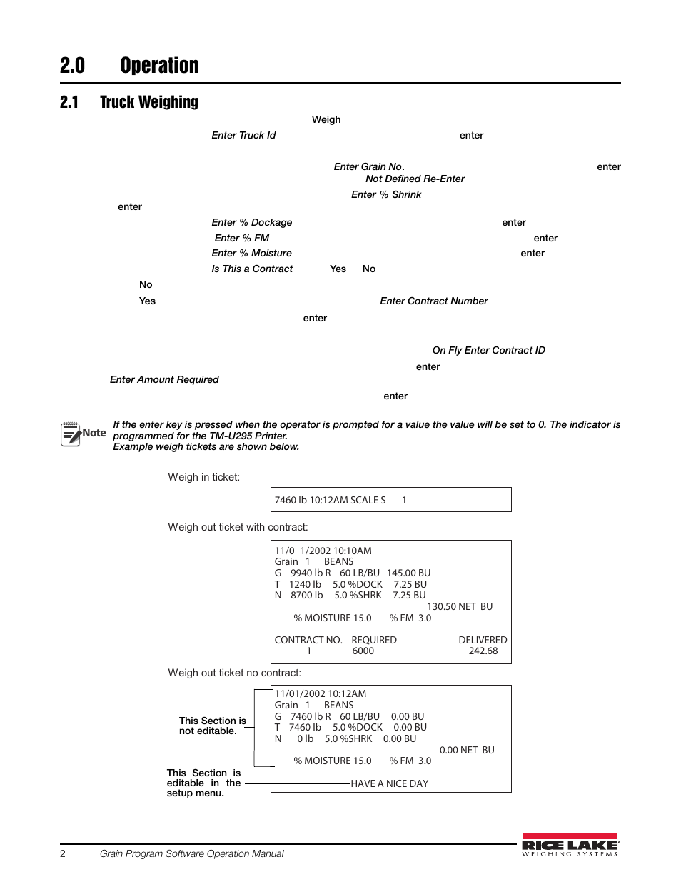 0 operation, 1 truck weighing, Operation | Rice Lake 920i Grain Program User Manual | Page 6 / 14