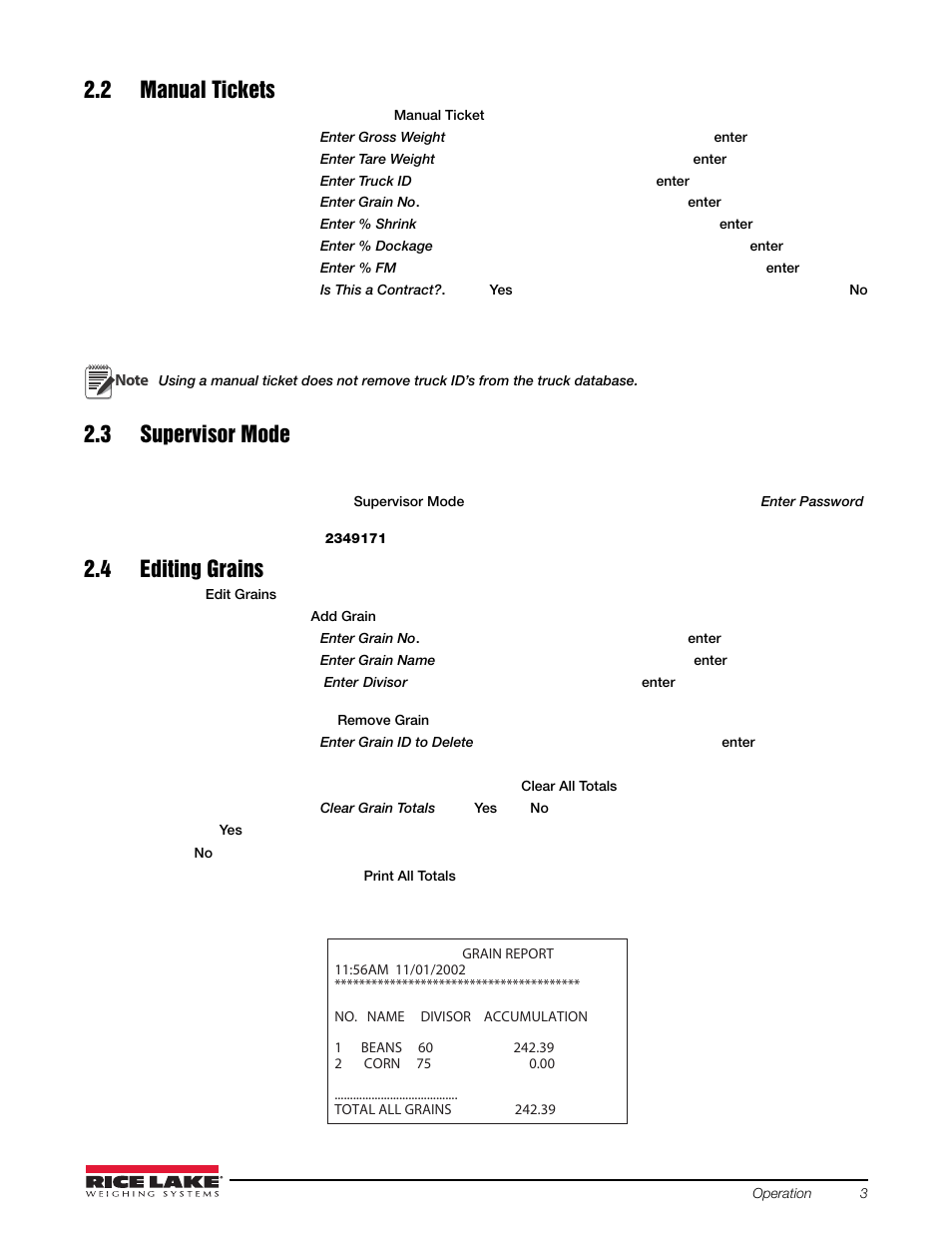 2 manual tickets, 3 supervisor mode, 4 editing grains | Rice Lake 920i Grain Program User Manual | Page 7 / 14