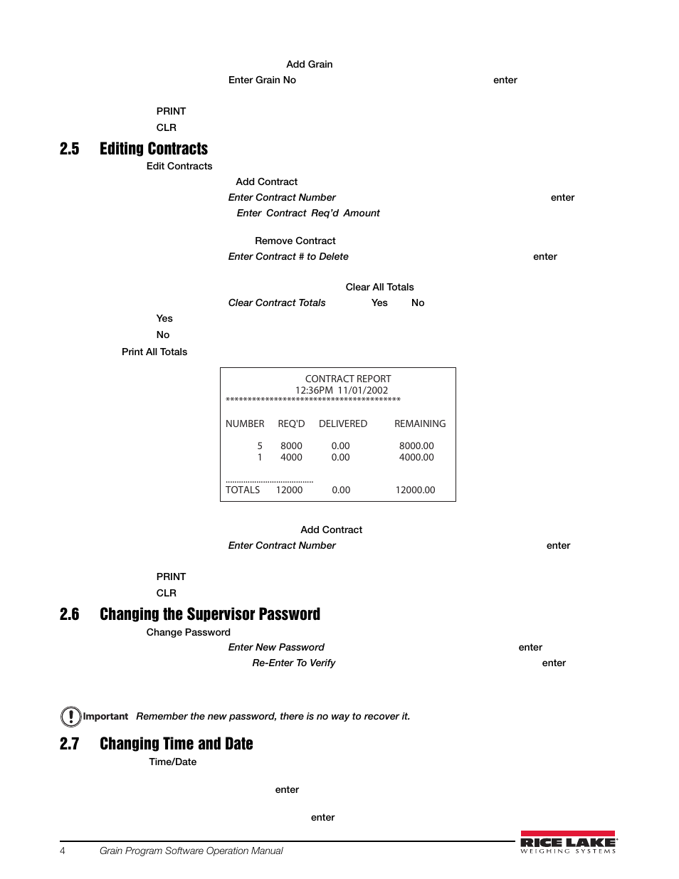 5 editing contracts, 6 changing the supervisor password, 7 changing time and date | Rice Lake 920i Grain Program User Manual | Page 8 / 14