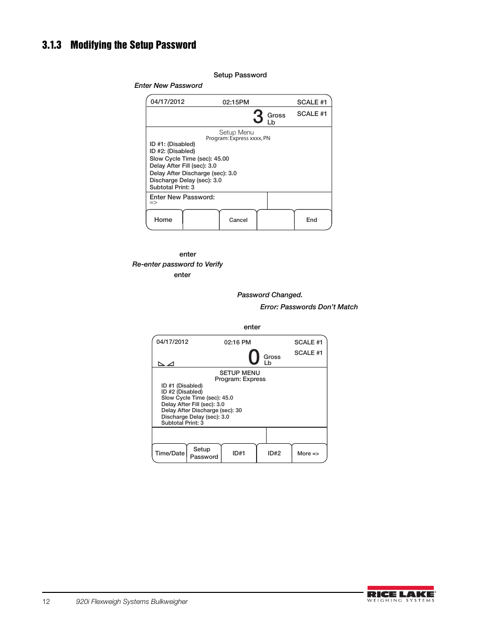 3 modifying the setup password, Modifying the setup password | Rice Lake 920i Bulkweigher 107 - 108 - 109 User Manual | Page 16 / 36