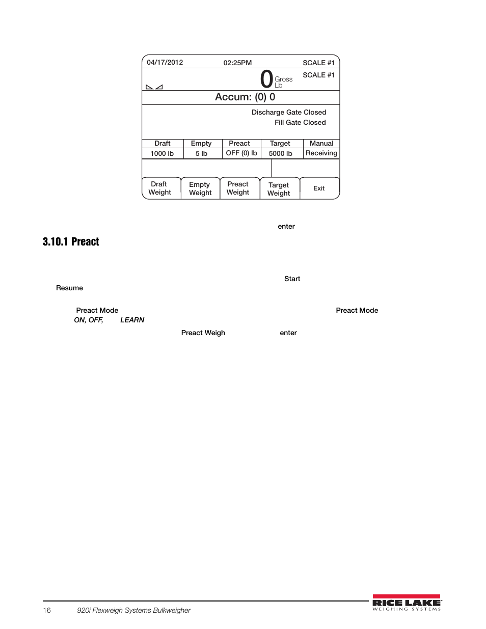 1 preact, Preact, Accum: (0) 0 | Rice Lake 920i Bulkweigher 107 - 108 - 109 User Manual | Page 20 / 36