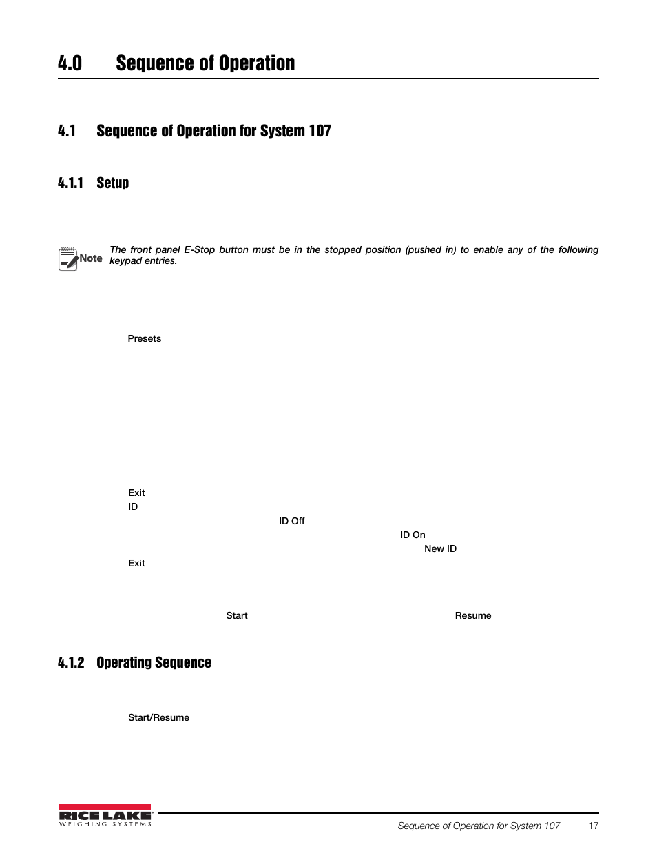 0 sequence of operation, 1 sequence of operation for system 107, 1 setup | 2 operating sequence, Sequence of operation, Setup, Operating sequence | Rice Lake 920i Bulkweigher 107 - 108 - 109 User Manual | Page 21 / 36