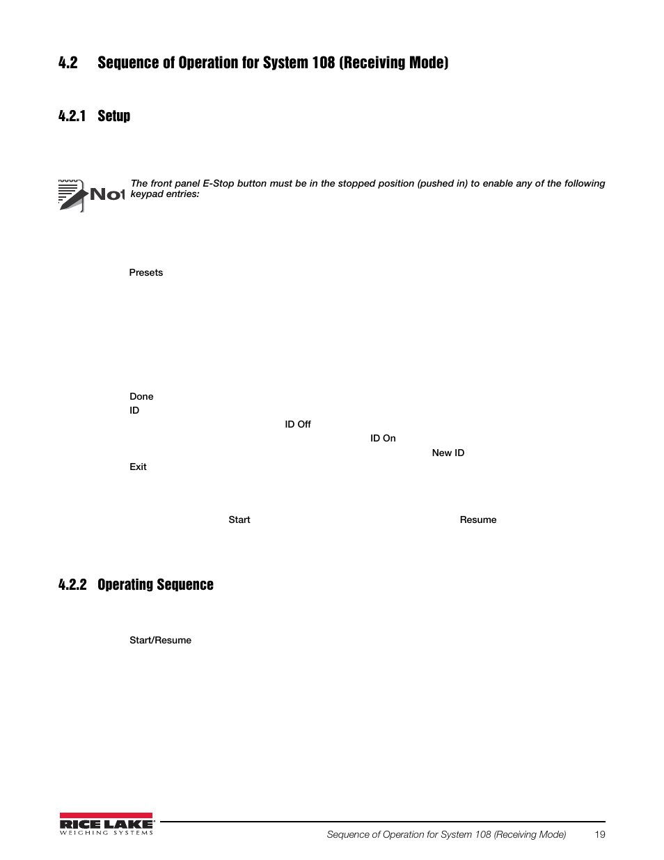 1 setup, 2 operating sequence, Setup | Operating sequence | Rice Lake 920i Bulkweigher 107 - 108 - 109 User Manual | Page 23 / 36