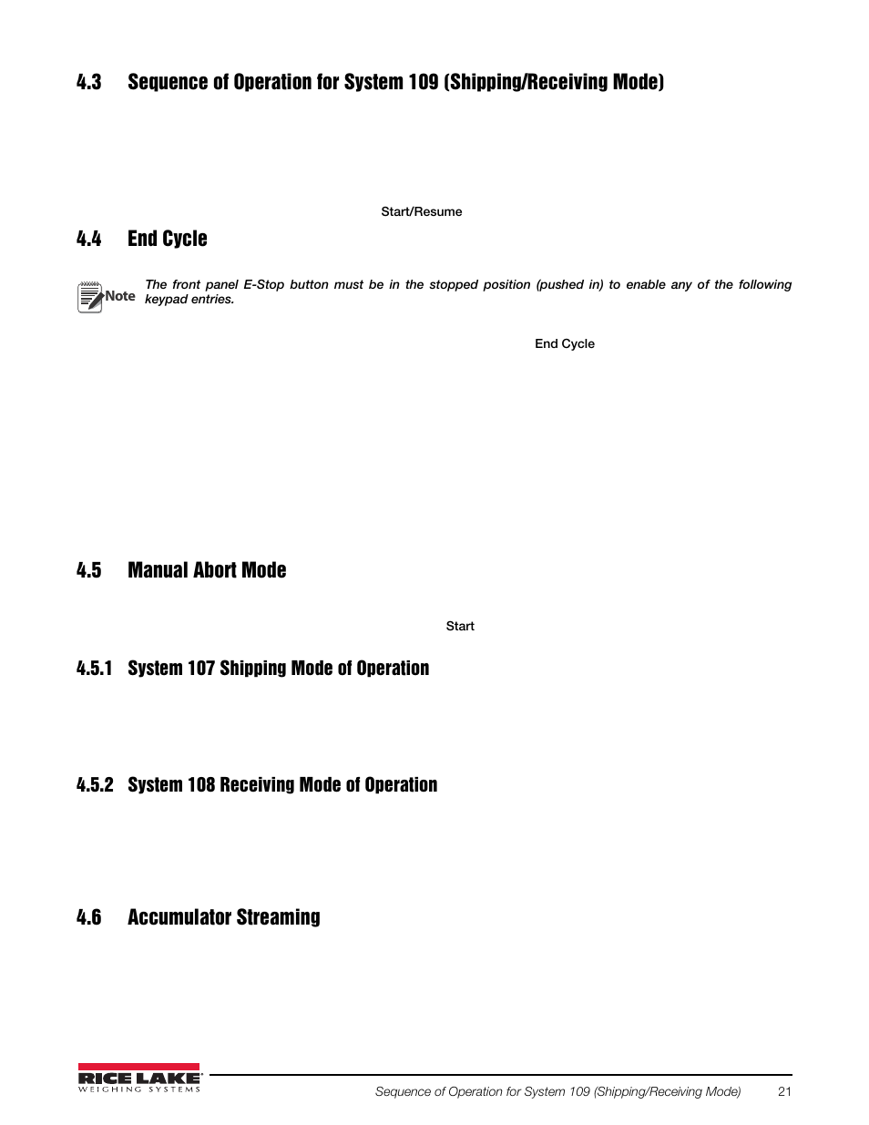 4 end cycle, 5 manual abort mode, 1 system 107 shipping mode of operation | 2 system 108 receiving mode of operation, 6 accumulator streaming, System 107 shipping mode of operation, System 108 receiving mode of operation | Rice Lake 920i Bulkweigher 107 - 108 - 109 User Manual | Page 25 / 36