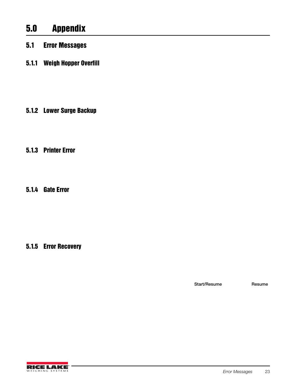 0 appendix, 1 error messages, 1 weigh hopper overfill | 2 lower surge backup, 3 printer error, 4 gate error, 5 error recovery, Appendix, Weigh hopper overfill, Lower surge backup | Rice Lake 920i Bulkweigher 107 - 108 - 109 User Manual | Page 27 / 36